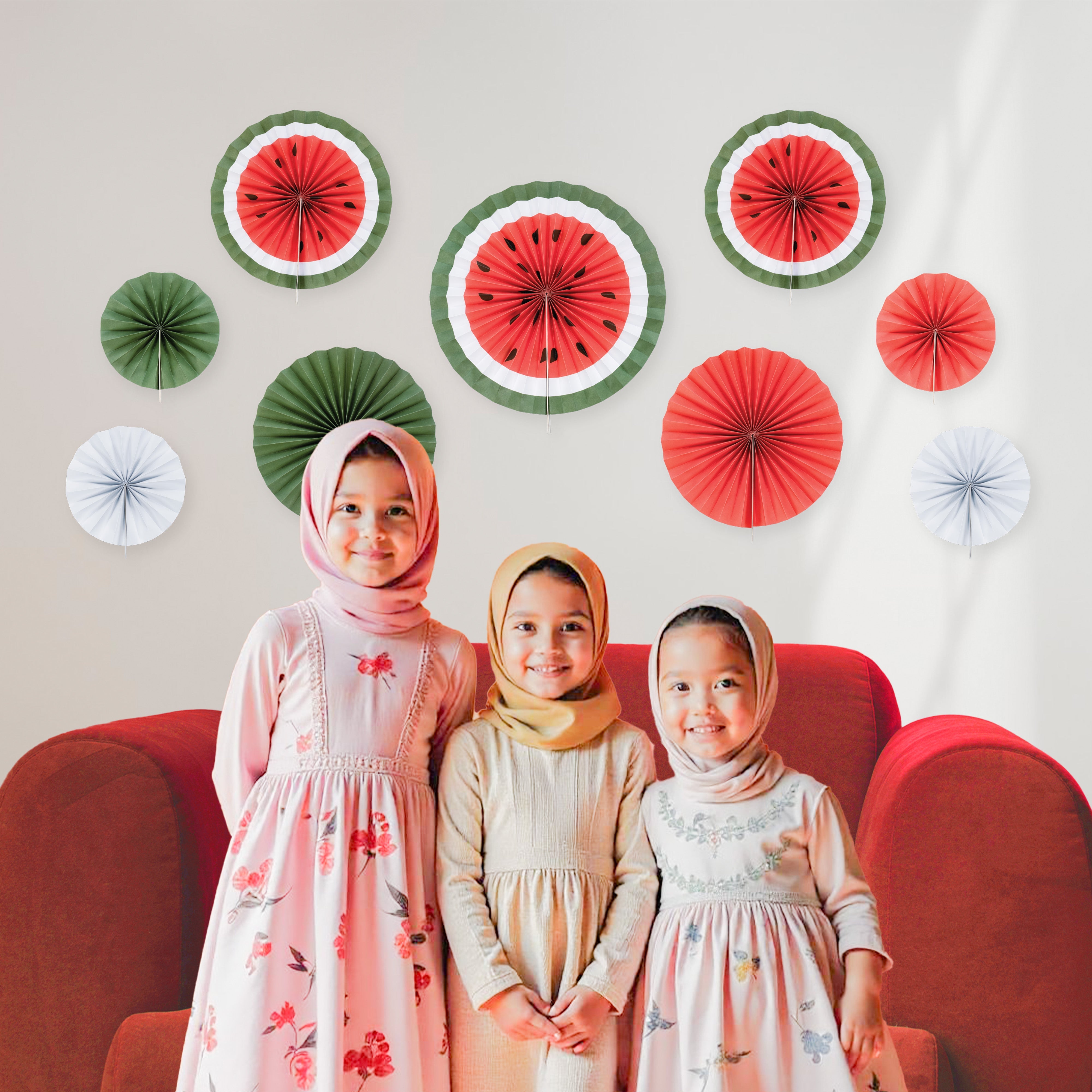 Set of 9 Watermelon Paper Fans for Ramadan & Eid Palestine Themed Hanging Decoration