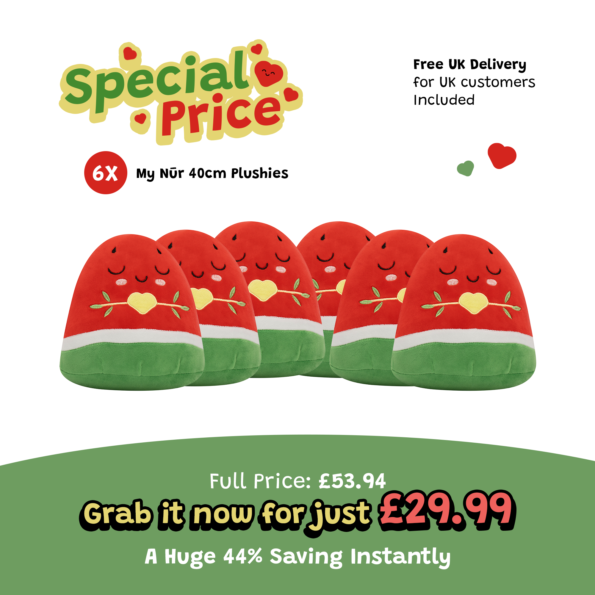 Lot de 6 peluches pastèque Nūr – Coussin moelleux 20 cm, poupée musulmane adorable [OFFRE SPÉCIALE] | Un magnifique cadeau de Ramadan et d’Aïd pour vos proches