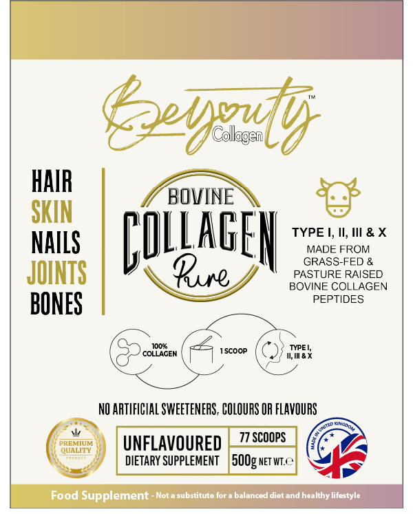 Pure Hydrolysed Bovine Collagen Peptides TYPE I, II, III & X - 500g