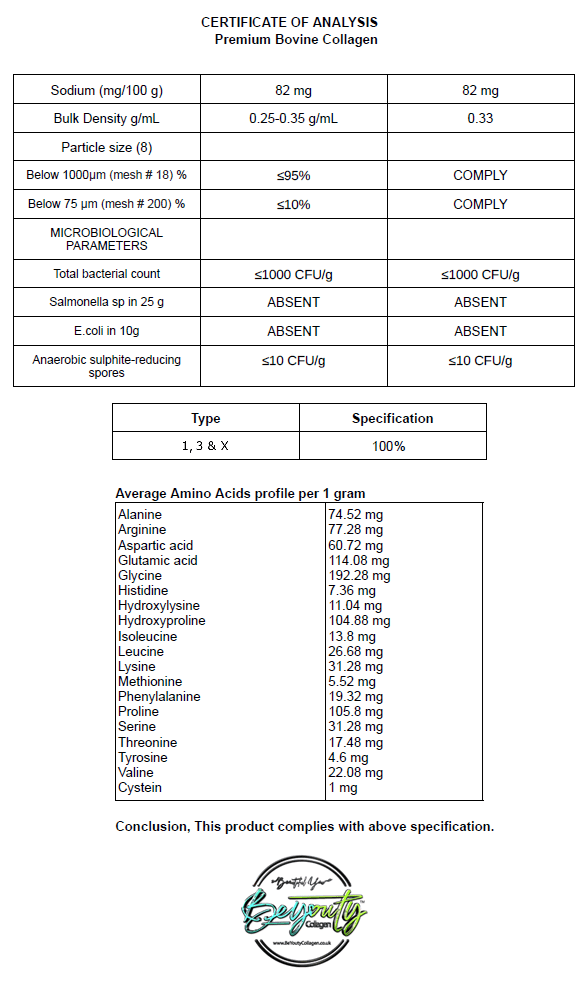 Pure Hydrolysed Bovine Collagen Peptides TYPE I, III & X - 500g