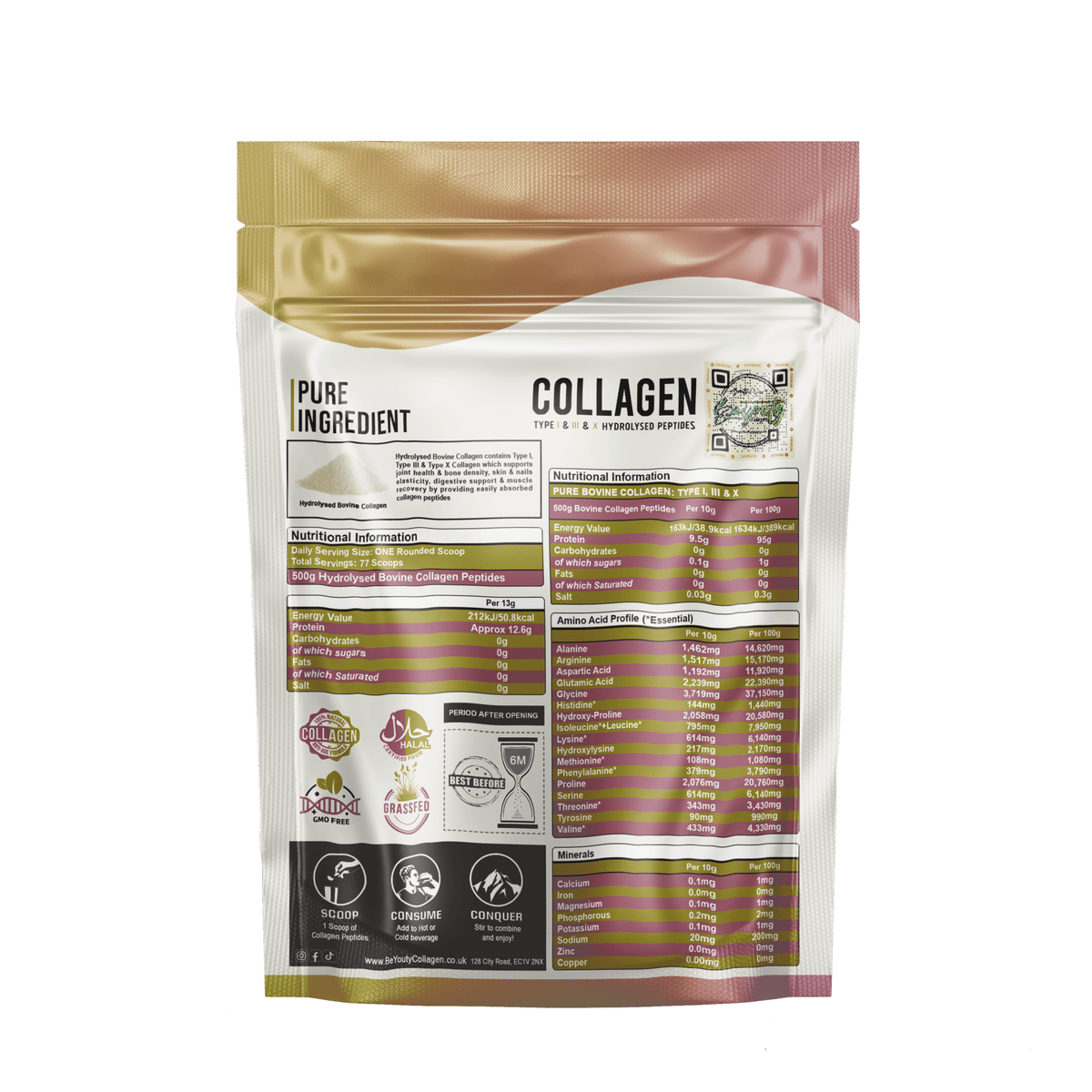 Pure Hydrolysed Bovine Collagen Peptides TYPE I, III & X - 500g