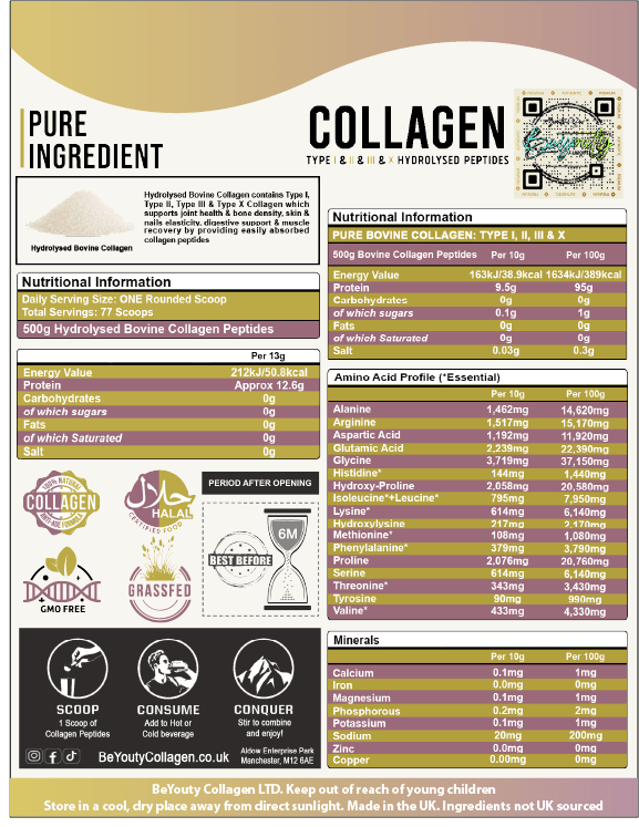 Pure Hydrolysed Bovine Collagen Peptides TYPE I, II, III & X - 500g