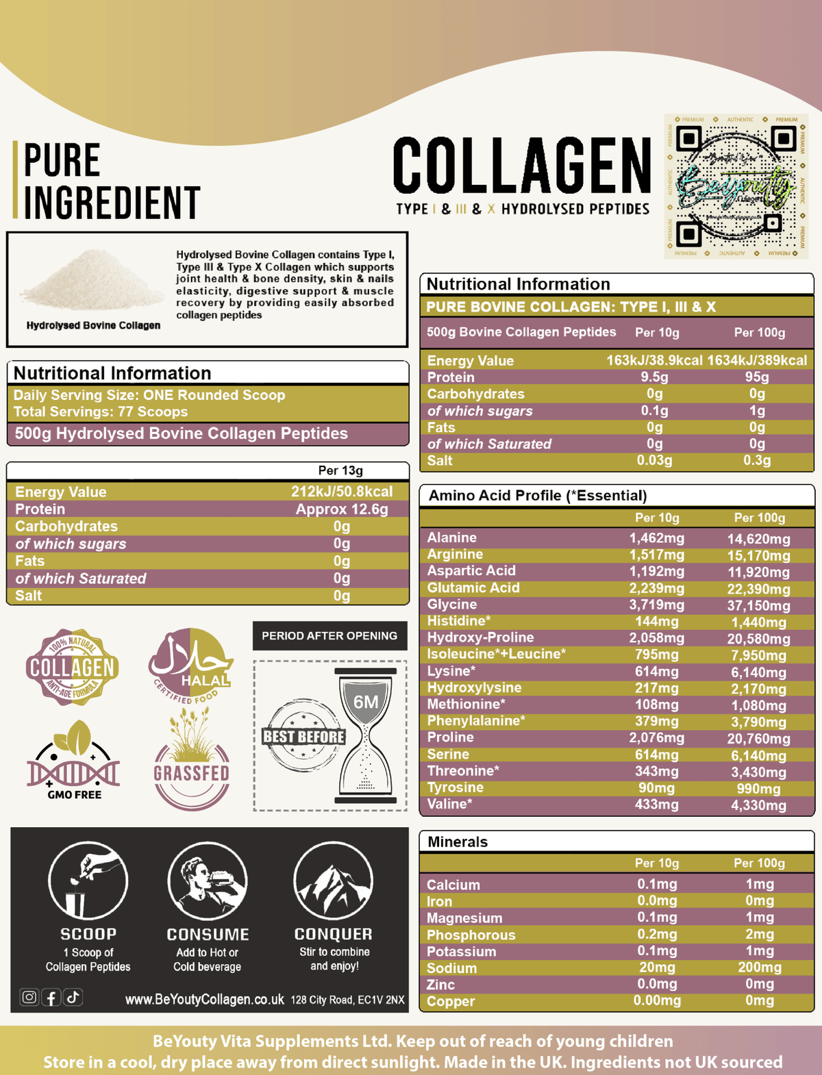 Pure Hydrolysed Bovine Collagen Peptides TYPE I, III & X - 500g