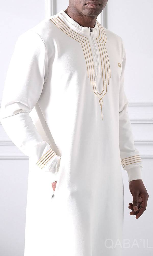 Muslim Men's Embroidered Long Thobe Sham QL in Cream