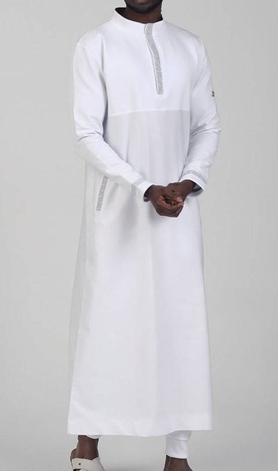 Islamic Men's Long Thobe Eminence QL in White and Silver