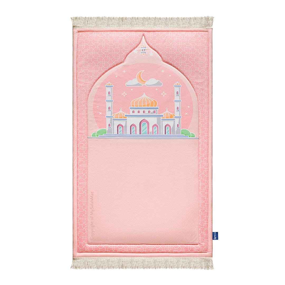 Tapis de prière rembourré pour enfants avec motif rose poudré | Urban Rugs UK | Un magnifique cadeau de Ramadan et d’Aïd pour vos proches