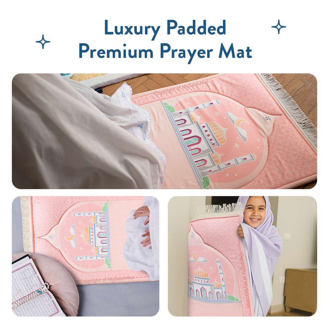 Tapis de prière rembourré pour enfants avec motif rose poudré | Urban Rugs UK | Un magnifique cadeau de Ramadan et d’Aïd pour vos proches