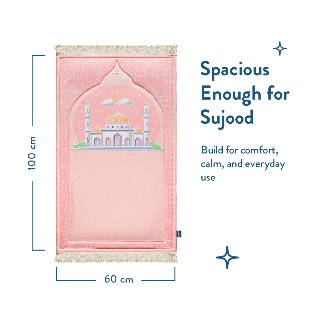 Tapis de prière rembourré pour enfants avec motif rose poudré | Urban Rugs UK | Un magnifique cadeau de Ramadan et d’Aïd pour vos proches