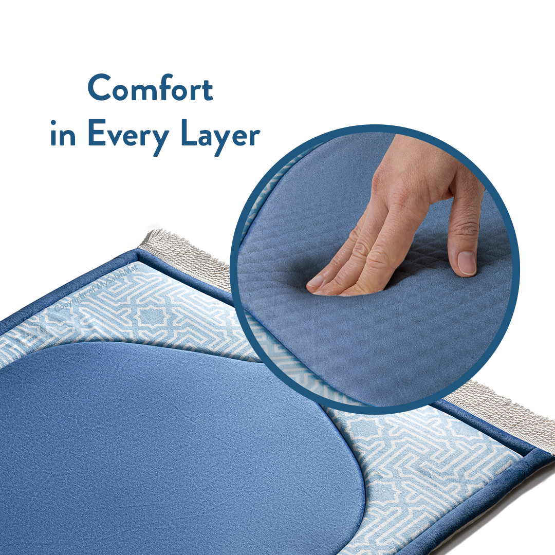 Tapis de prière rembourré pour enfants avec design bleu classique | Urban Rugs UK | Un beau cadeau de Ramadan et d’Aïd pour les proches