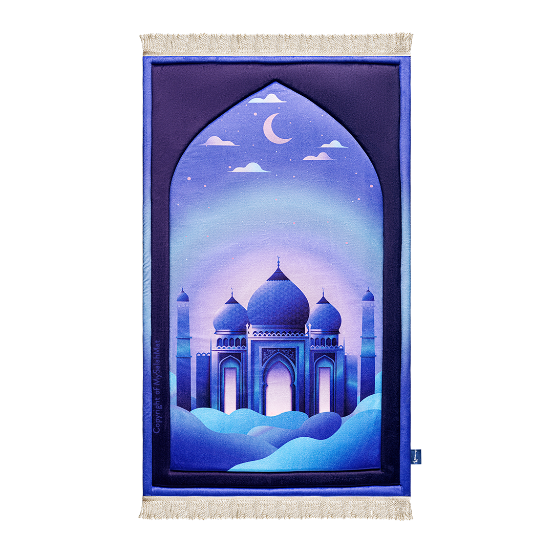 Tapis de prière rembourré pour enfants avec motif Masjid au crépuscule | Urban Rugs UK | Un beau cadeau de Ramadan et d’Aïd pour les êtres aimés