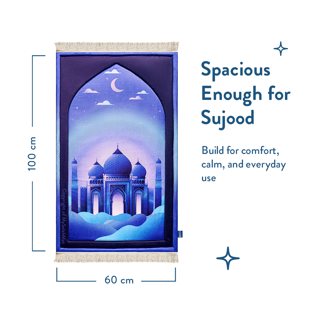 Tapis de prière rembourré pour enfants avec motif Masjid au crépuscule | Urban Rugs UK | Un beau cadeau de Ramadan et d’Aïd pour les êtres aimés