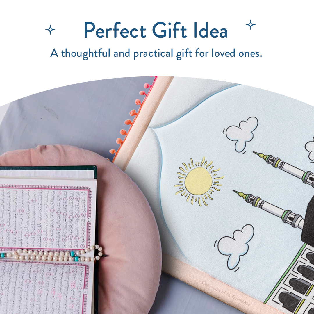 Tapis de prière rembourré pour tout-petits avec motif « Midi à La Mecque » par Urban Rugs UK | Un magnifique cadeau de Ramadan et d’Aïd pour vos proches