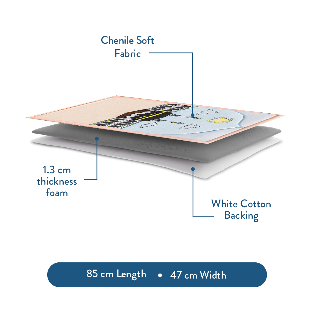 Tapis de prière rembourré pour tout-petits avec motif « Midi à La Mecque » par Urban Rugs UK | Un magnifique cadeau de Ramadan et d’Aïd pour vos proches