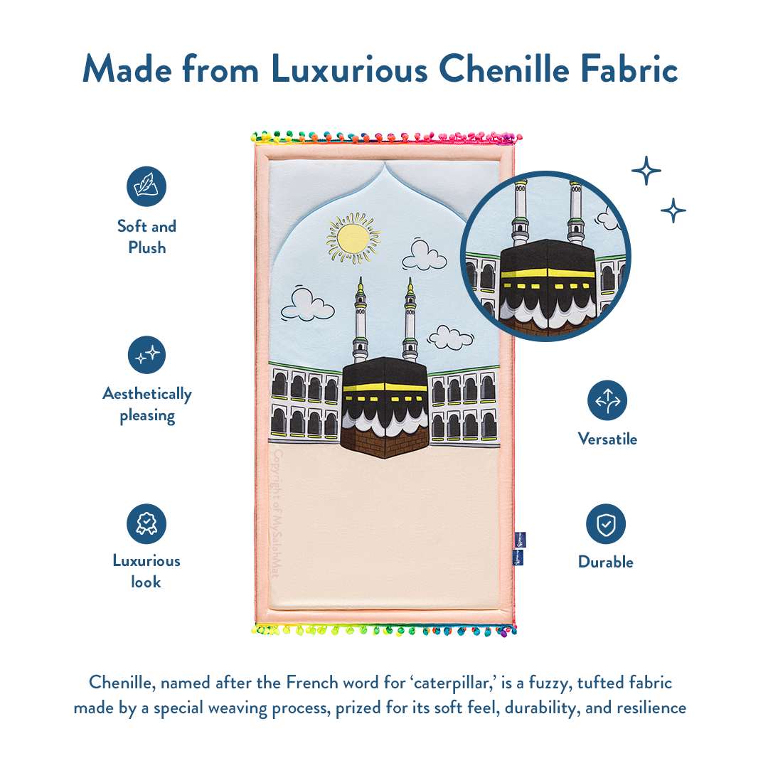 Tapis de prière rembourré pour tout-petits avec motif « Midi à La Mecque » par Urban Rugs UK | Un magnifique cadeau de Ramadan et d’Aïd pour vos proches