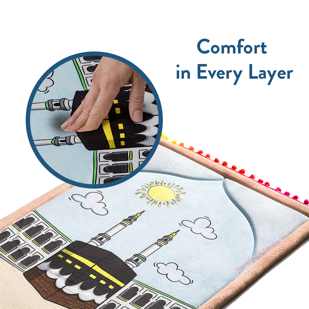 Tapis de prière rembourré pour tout-petits avec motif « Midi à La Mecque » par Urban Rugs UK | Un magnifique cadeau de Ramadan et d’Aïd pour vos proches