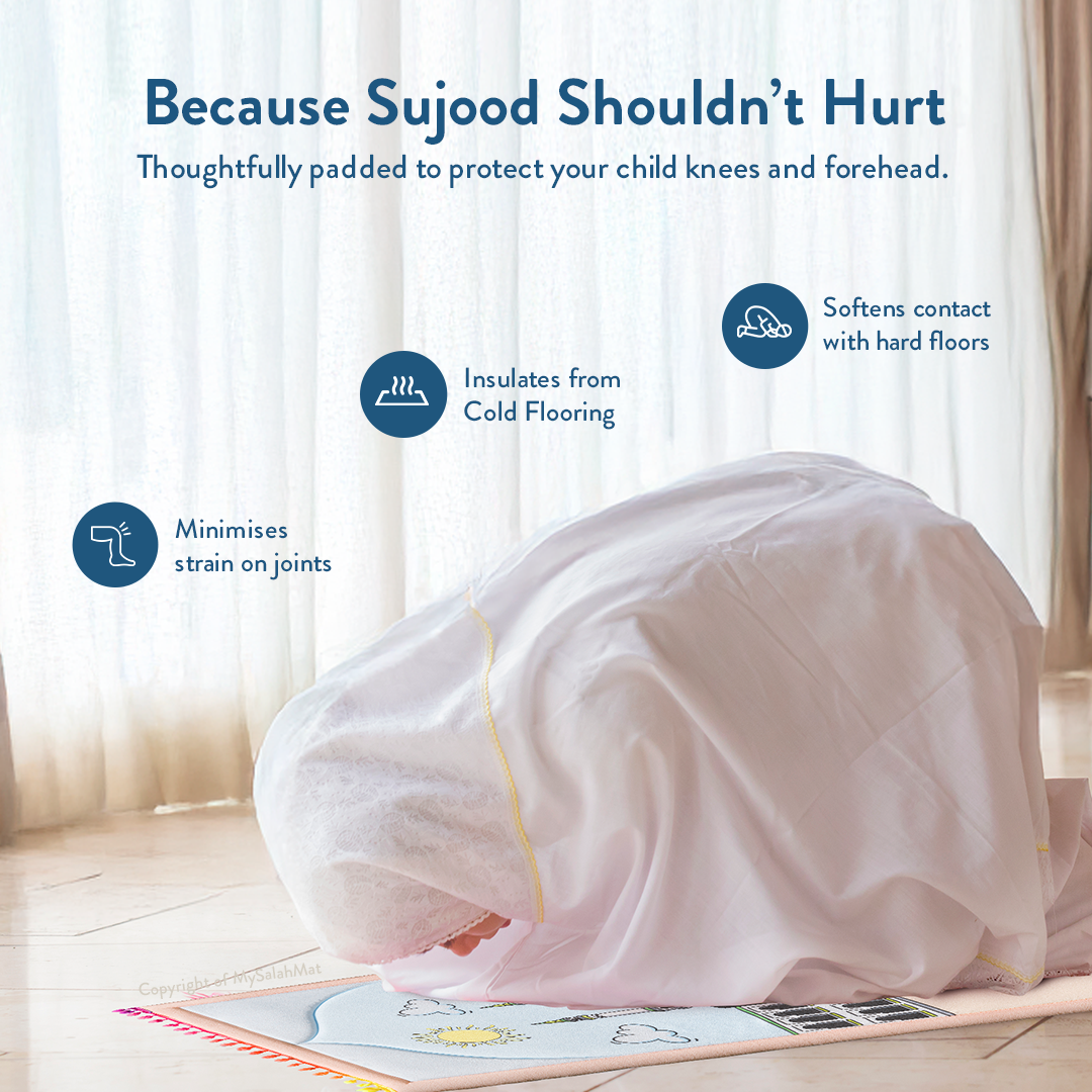 Tapis de prière rembourré pour tout-petits avec motif « Midi à La Mecque » par Urban Rugs UK | Un magnifique cadeau de Ramadan et d’Aïd pour vos proches