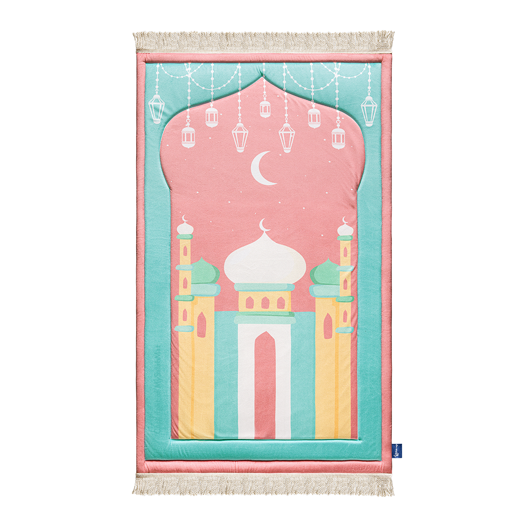 Tapis de prière rembourré pour enfants avec motif Mosquée de Mumbai rose par Urban Rugs UK | Un magnifique cadeau de Ramadan et d’Aïd pour vos proches