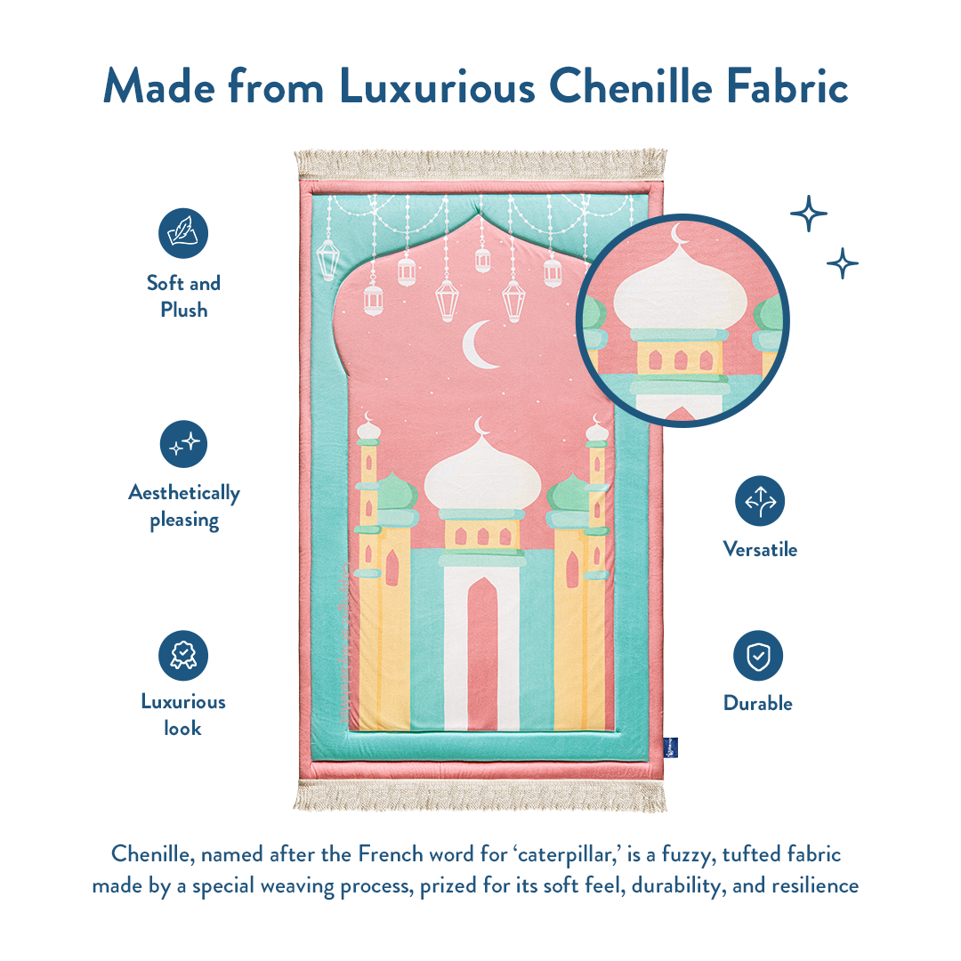 Tapis de prière rembourré pour enfants avec motif Mosquée de Mumbai rose par Urban Rugs UK | Un magnifique cadeau de Ramadan et d’Aïd pour vos proches