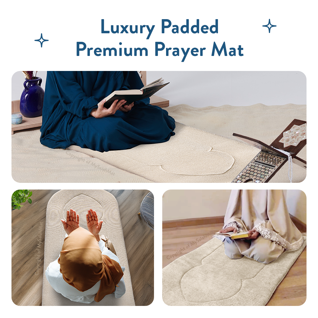 Tapis de prière rembourré avec motif arcade sable luxueux par Urban Rugs UK | Un magnifique cadeau de Ramadan et d’Aïd pour vos proches