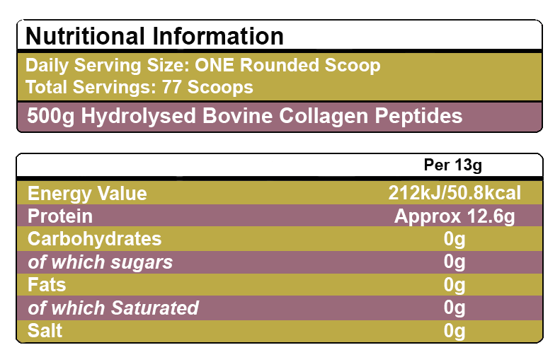 Pure Hydrolysed Bovine Collagen Peptides TYPE I, III & X - 500g