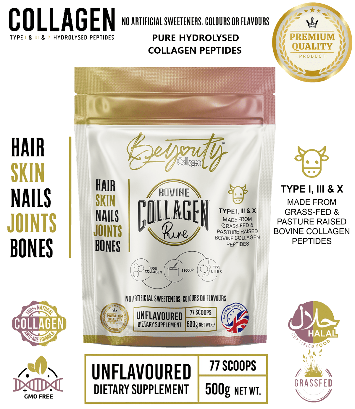 Pure Hydrolysed Bovine Collagen Peptides TYPE I, III & X - 500g