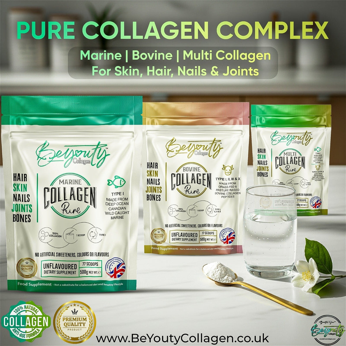 Multi Bovine & Marine Collagen Hydrolysed Peptides TYPE I, II, III & X + Vitamin C & Hyaluronic Acid - 550g