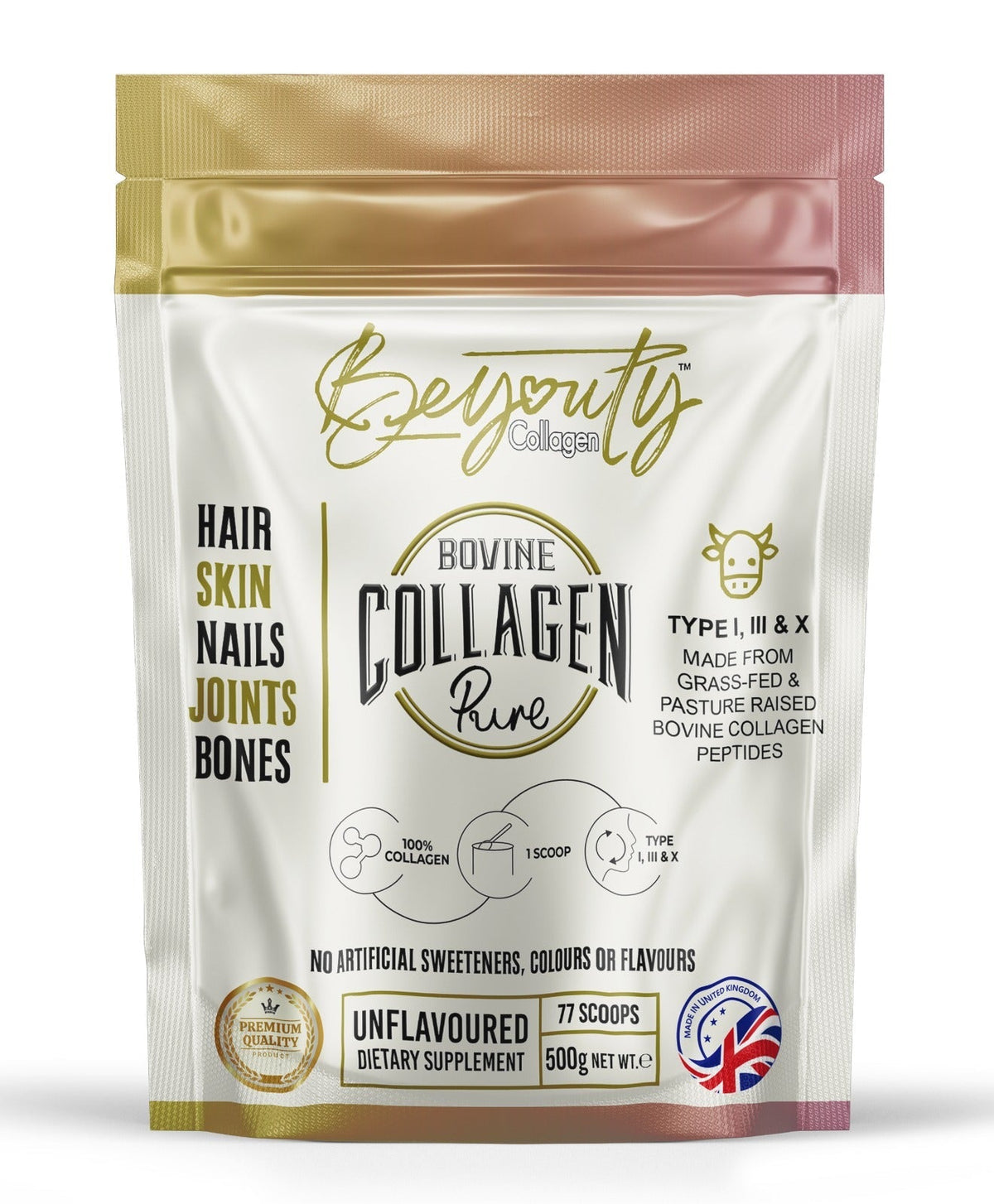 Pure Hydrolysed Bovine Collagen Peptides TYPE I, III & X - 500g