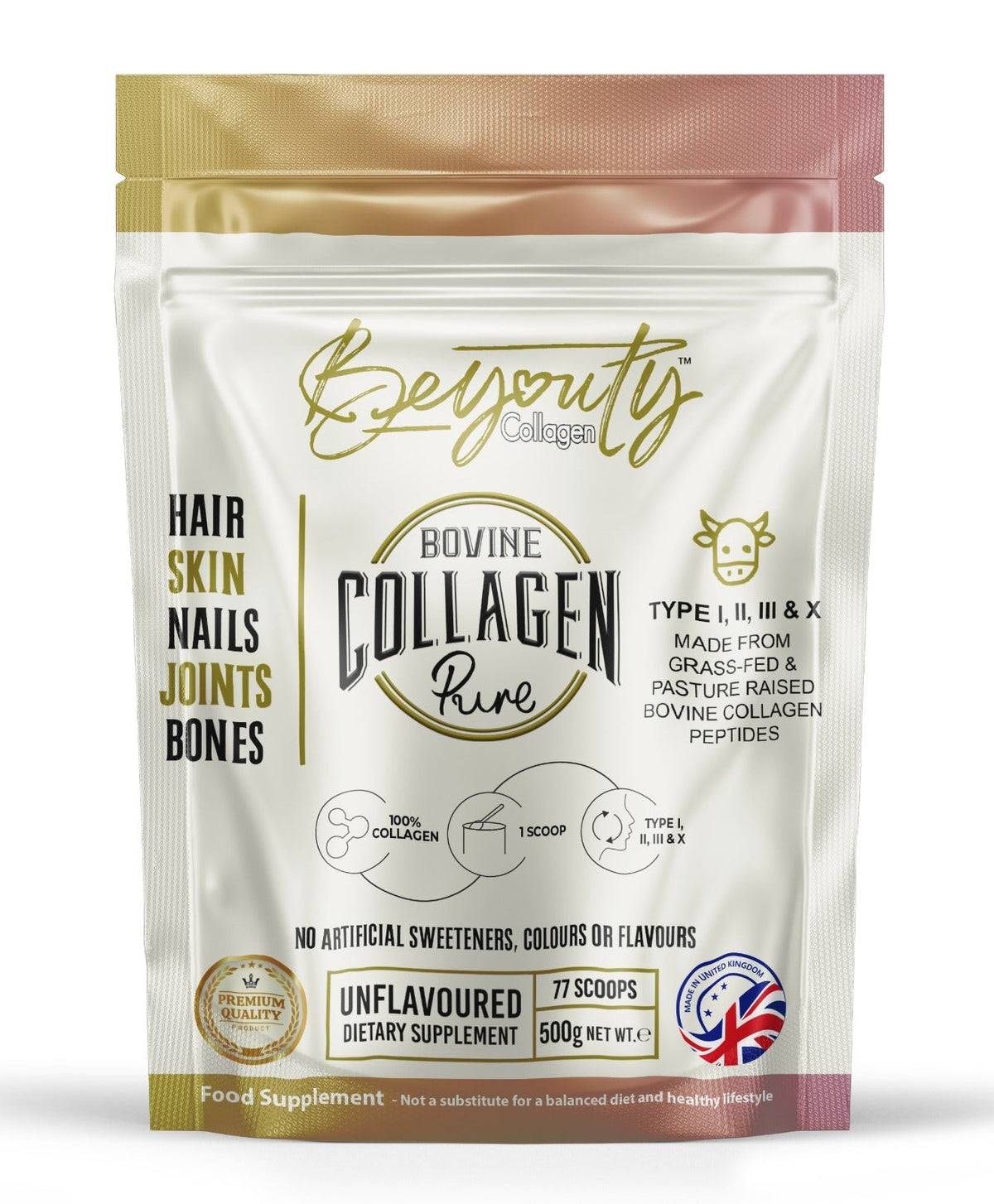 Pure Hydrolysed Bovine Collagen Peptides TYPE I, II, III & X - 500g