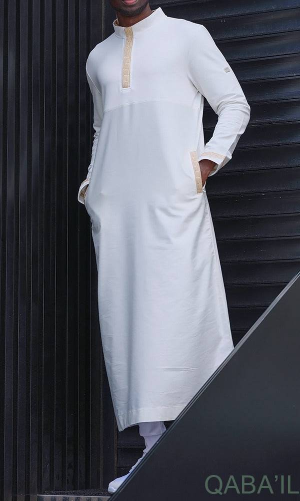 Islamic Men's Long Thobe Eminence QL in Cream and Gold