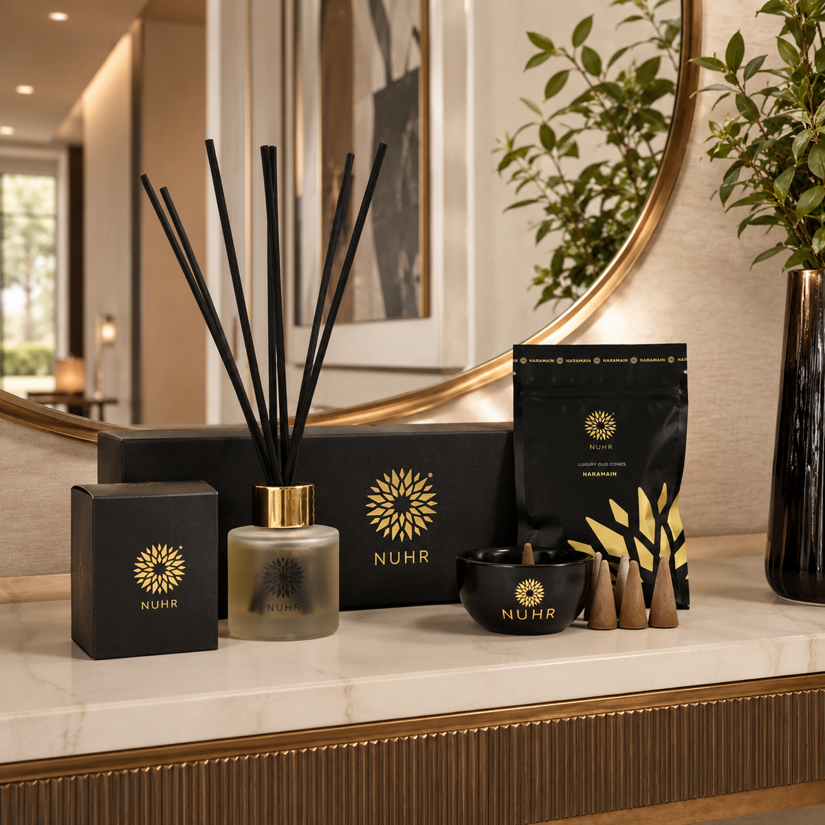 Haramain Home Scenting Gift Set with diffuser, incense cones and burner with option for Roll On Perfume