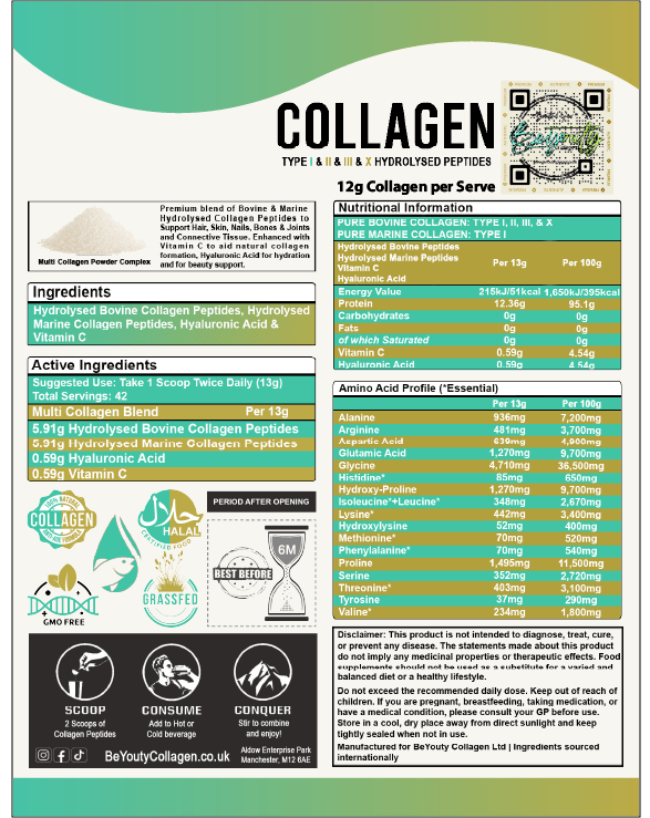 Multi Bovine & Marine Collagen Hydrolysed Peptides TYPE I, II, III & X + Vitamin C & Hyaluronic Acid - 550g