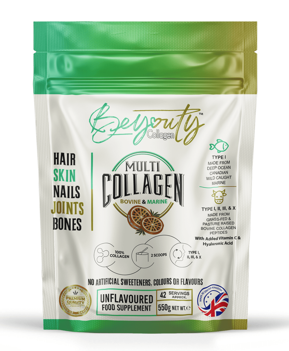 Multi Bovine & Marine Collagen Hydrolysed Peptides TYPE I, II, III & X + Vitamin C & Hyaluronic Acid - 550g