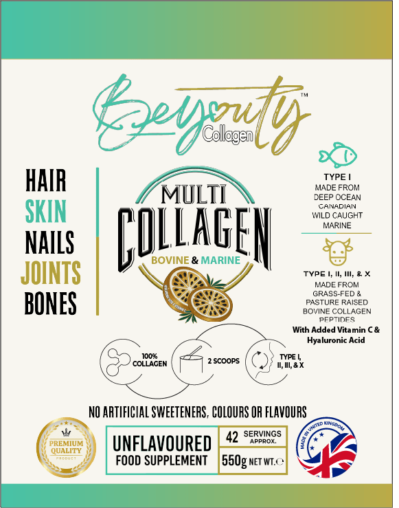 Multi Bovine & Marine Collagen Hydrolysed Peptides TYPE I, II, III & X + Vitamin C & Hyaluronic Acid - 550g