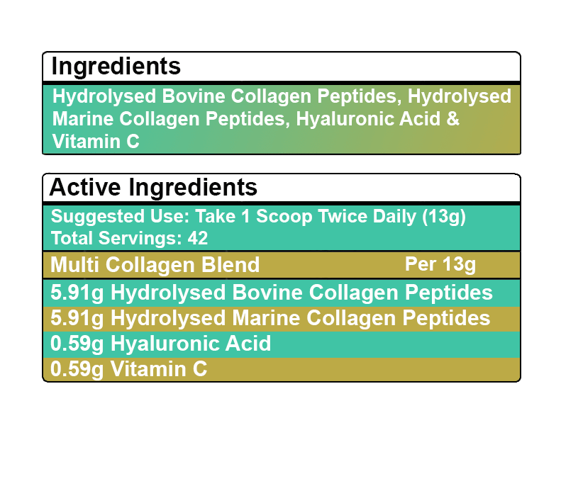 Multi Bovine & Marine Collagen Hydrolysed Peptides TYPE I, II, III & X + Vitamin C & Hyaluronic Acid - 550g