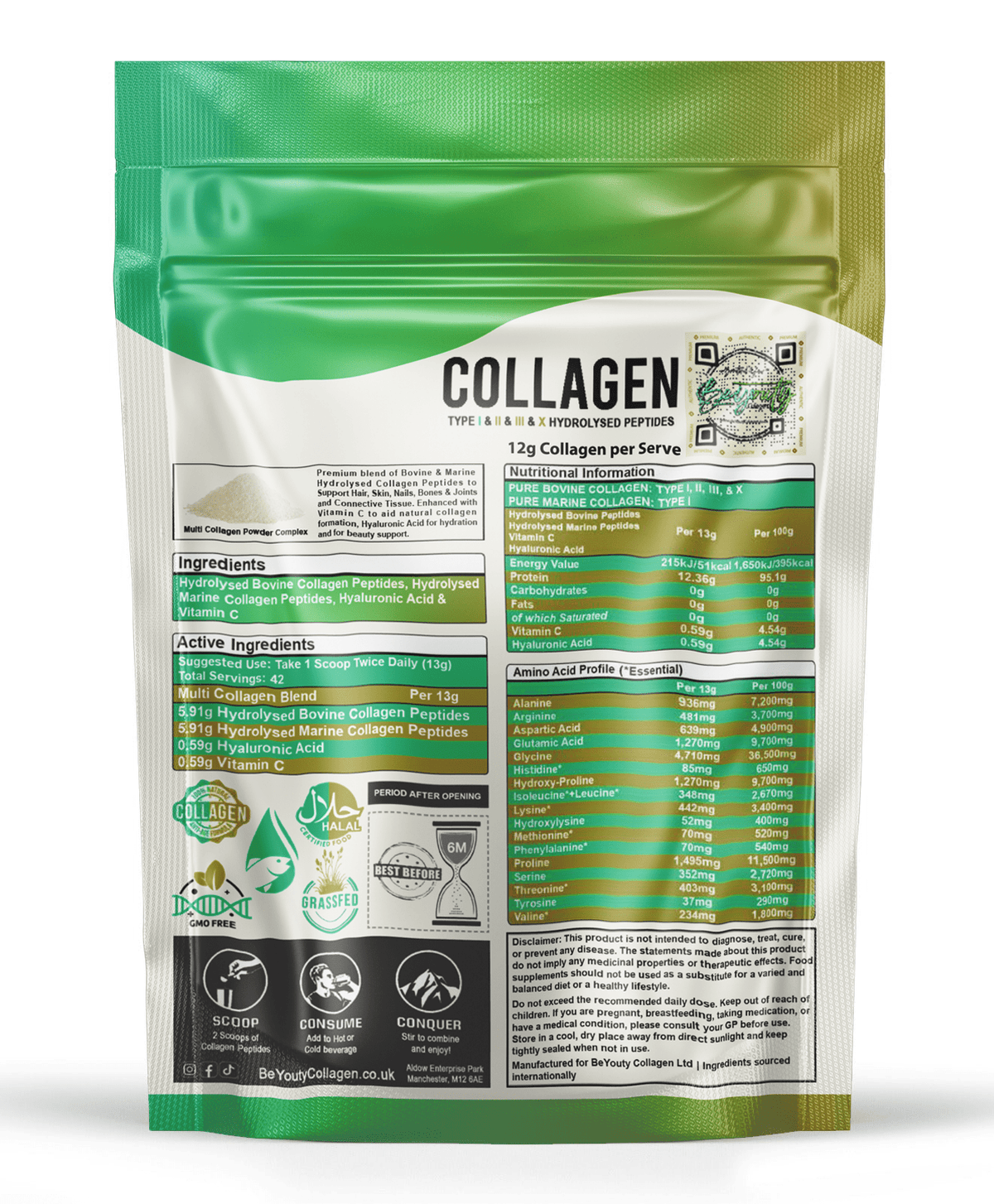 Multi Bovine & Marine Collagen Hydrolysed Peptides TYPE I, II, III & X + Vitamin C & Hyaluronic Acid - 550g