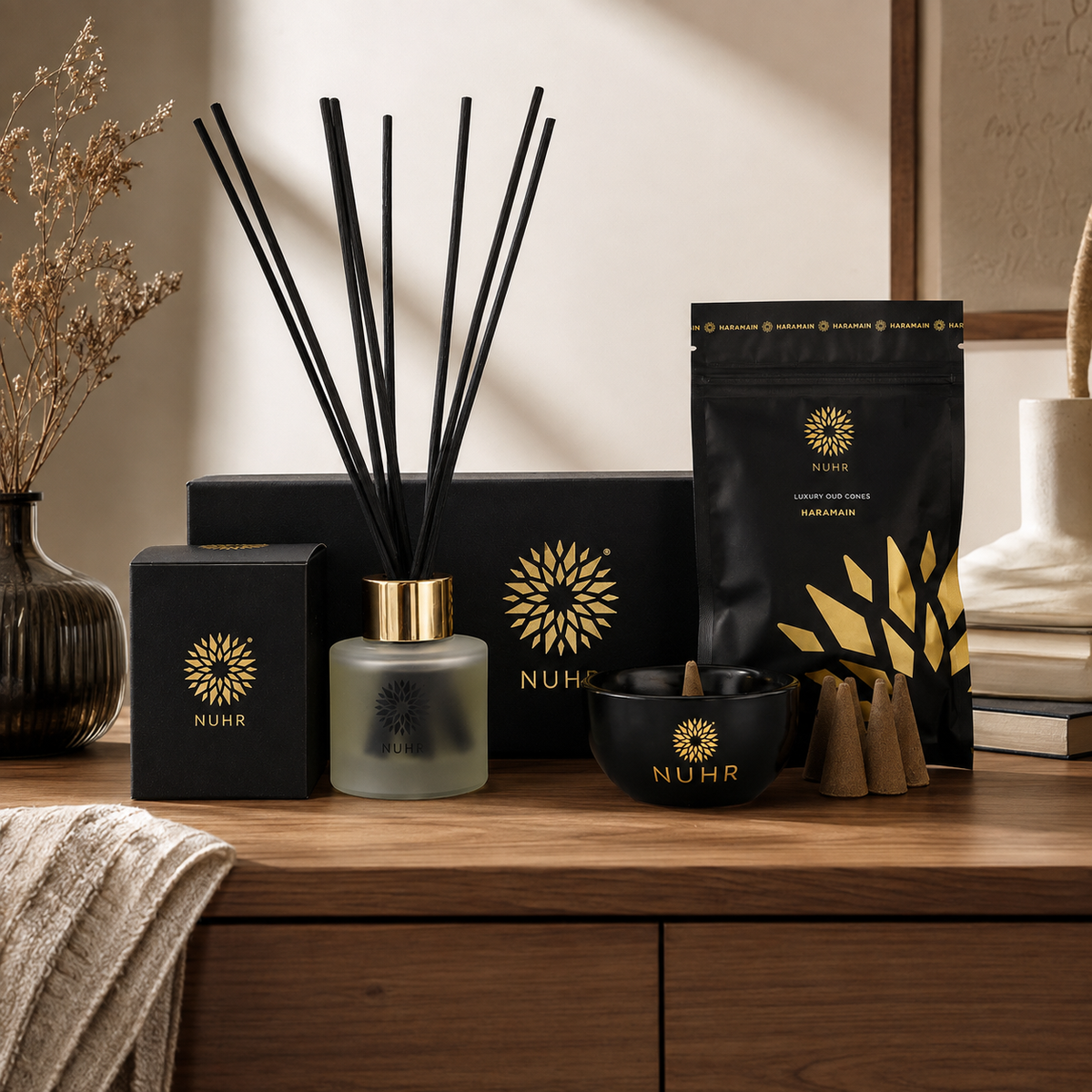 Haramain Home Scenting Gift Set with diffuser, incense cones and burner with option for Roll On Perfume