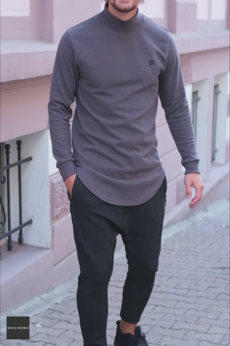 QL Longline High Collar Sweatshirt in Dark Grey