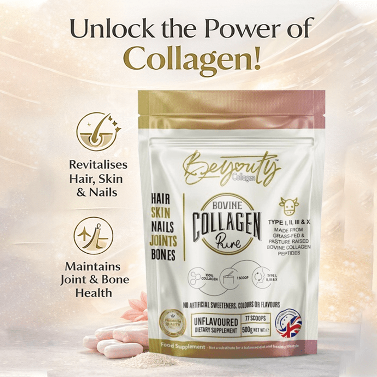 Pure Hydrolysed Bovine Collagen Peptides TYPE I, II, III & X - 500g