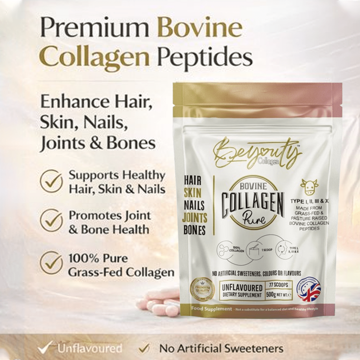 Pure Hydrolysed Bovine Collagen Peptides TYPE I, II, III & X - 500g