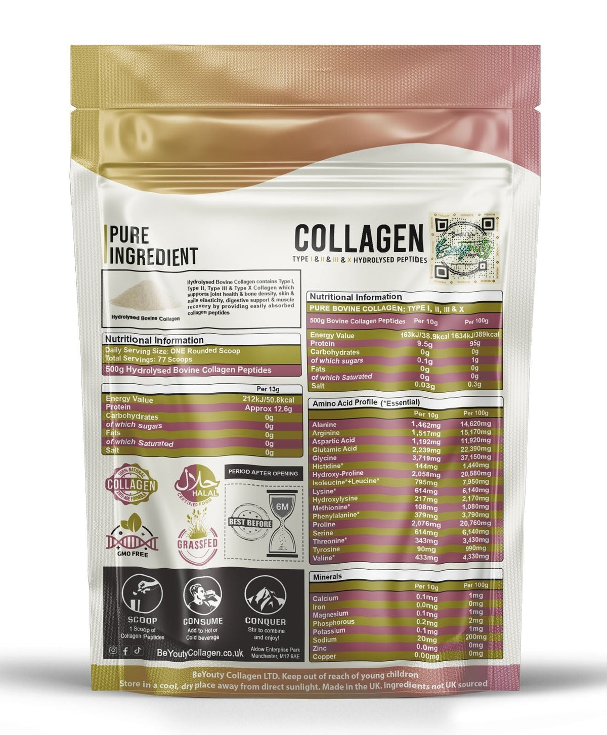 Pure Hydrolysed Bovine Collagen Peptides TYPE I, II, III & X - 500g