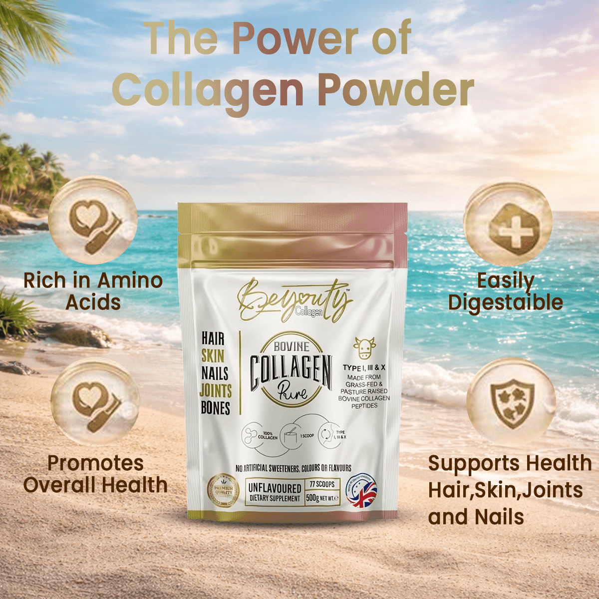 Pure Hydrolysed Bovine Collagen Peptides TYPE I, III & X - 500g