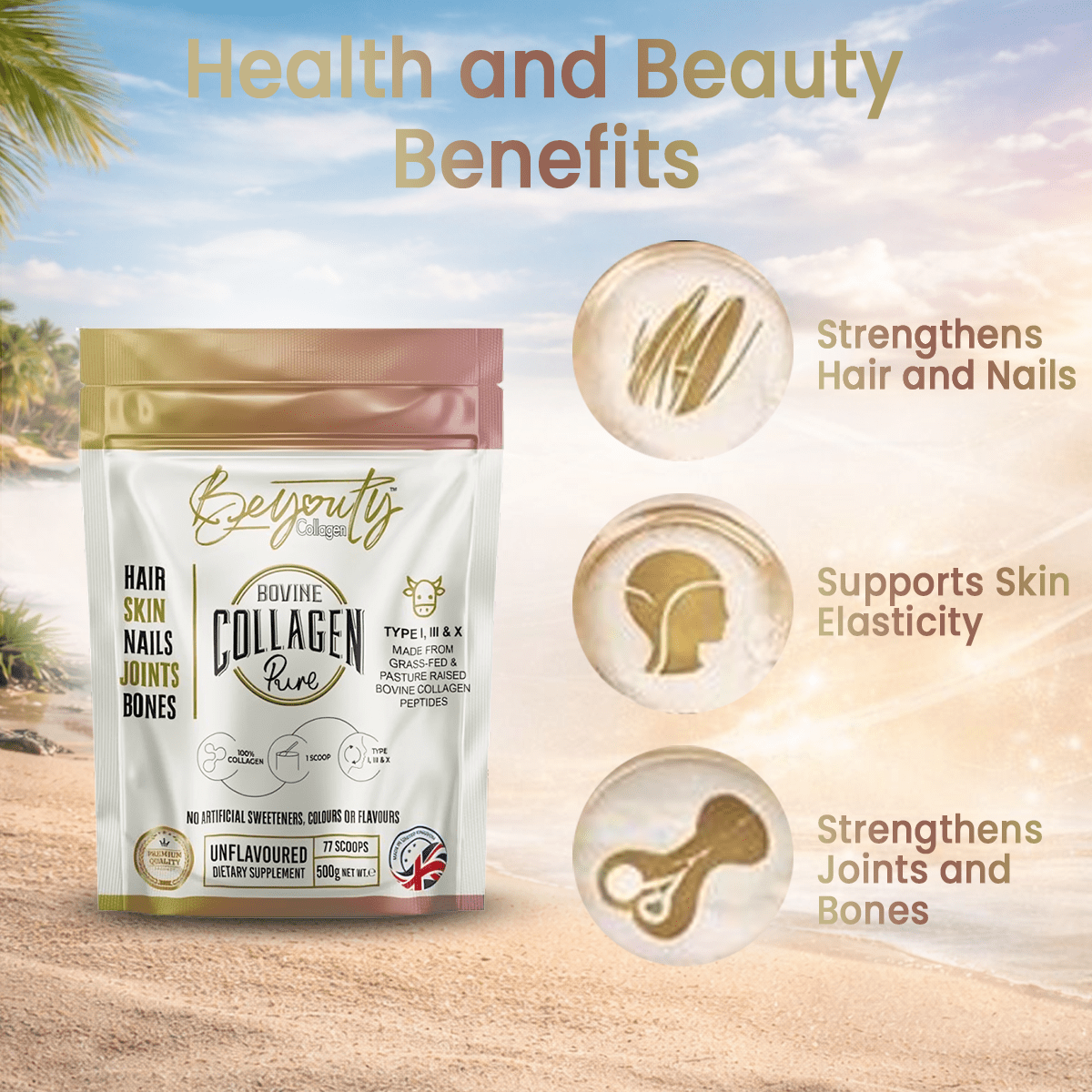Pure Hydrolysed Bovine Collagen Peptides TYPE I, III & X - 500g