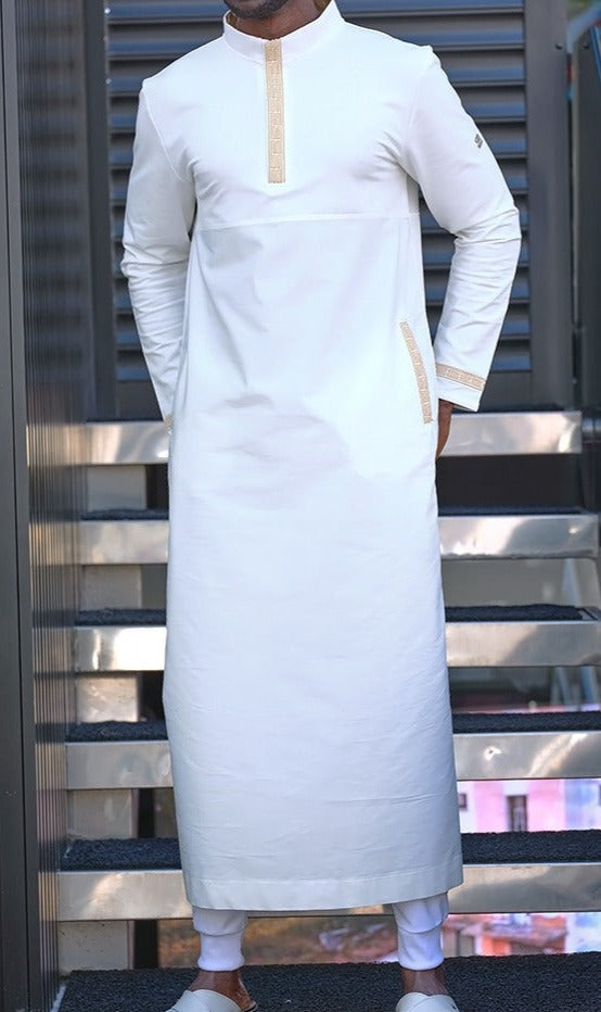 Islamic Men's Long Thobe Eminence QL in Cream and Gold